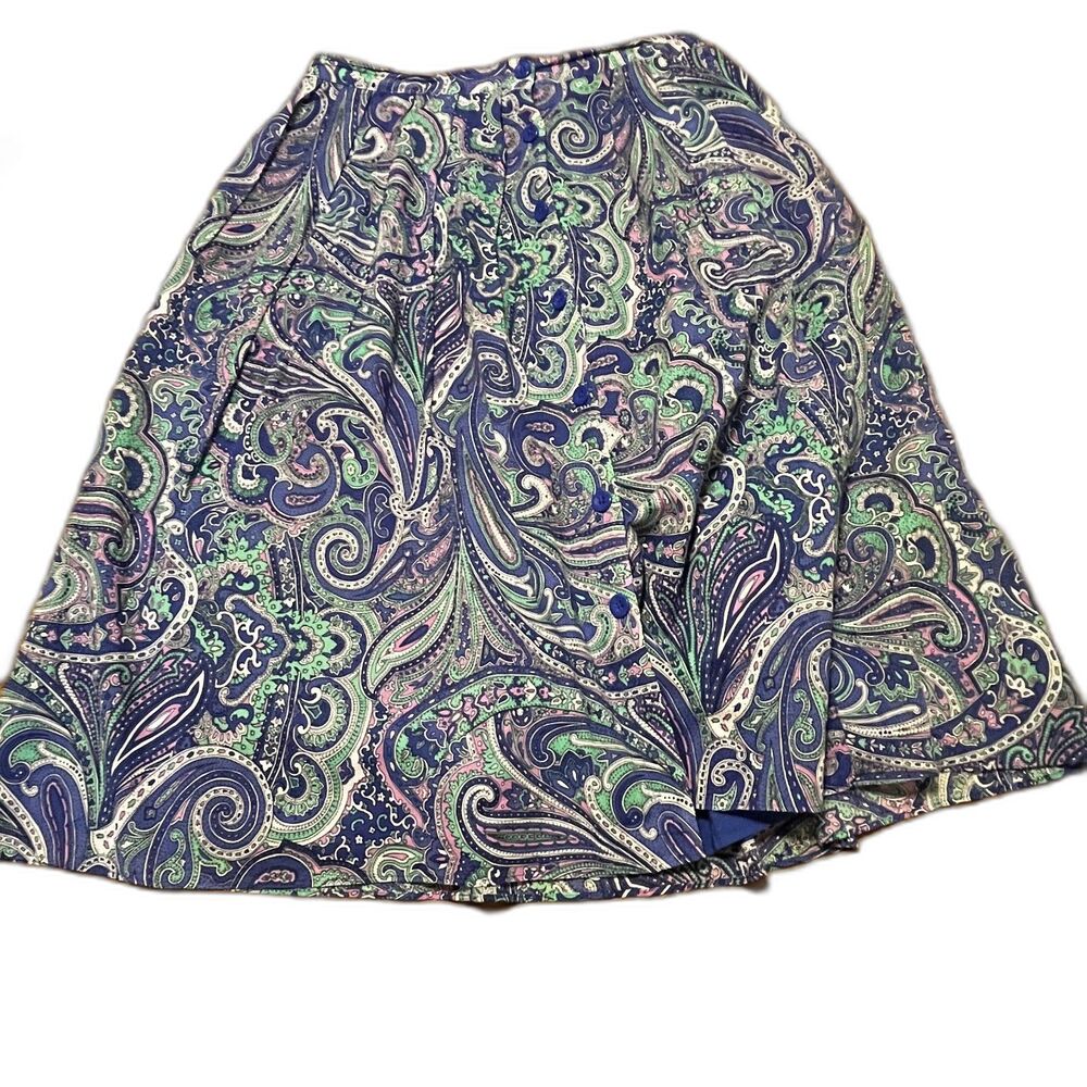 Talbots Petite 6P Paisley A-Line Skirt Cotton Lined Blue Green Pink 28” Waist